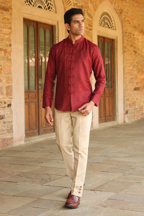 Niti Bothra, Red Thread, Formal Shirts, Pure Linen, Mandarin Collar, Wedding Suits, Aza Fashion, Shirt Online, Hand Embroidered