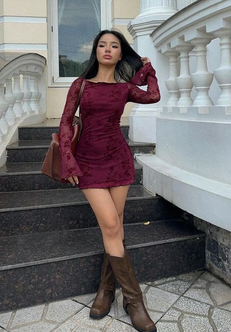 Red Birthday Outfit Winter, Short Winter Dress Outfit, Dark Red Dress Long Sleeve, Fall Skirt And Dress Outfits, Winter Dress Inspo Aesthetic, Dress Outfits Winter Party, Quinceñera Outfits Guest, College Date Party Dress, Winter Bday Dress