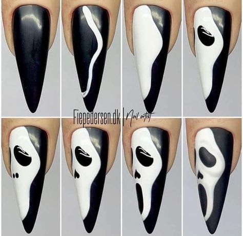 Scream Nail Art Tutorial, Ghostface Nail Art, Scream Mask Nails, Scream Face Nails, Ghost Face Nails Acrylic, Halloween Nails Ghostface, Scream Nails Acrylic, Halloween Scream Nails, Halloween Nails Scream