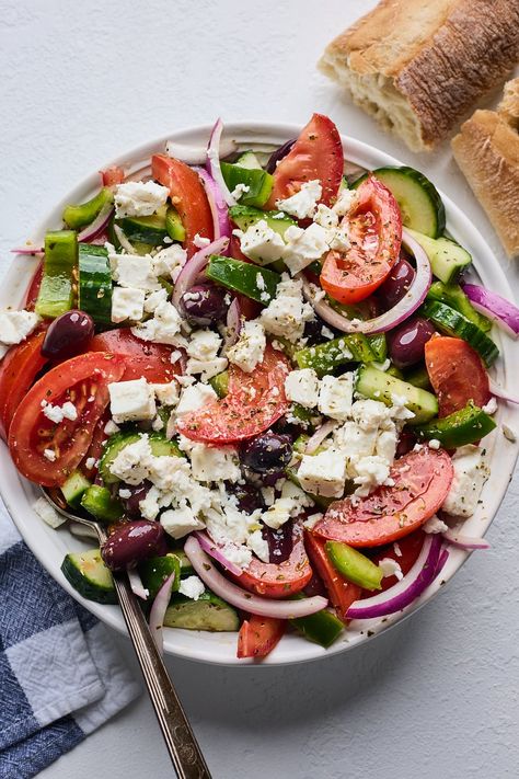 Classic Greek Village Salad (Horiatiki) | Olive & Mango Real Greek Salad, Village Salad Greek, Greek Tapas, Greek Village Salad, Horiatiki Salad, Creative Salads, Village Salad, Greek Salads, Sushi Bowl Recipe