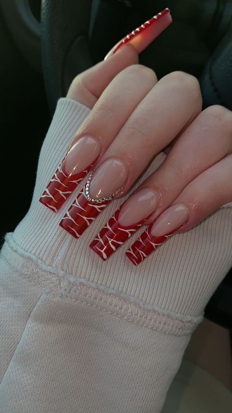 Cute Red Acrylic Nails Designs, Red Acrylic Nails Coffin Medium Length, Red Fall Acrylic Nails, Cute Long Red Acrylic Nails, Long Red Acrylic Nails Design Square, Long Square Acrylic Nails Red And White, Xl Long Acrylic Nails Square Red, Xxl Red Acrylic Nails, Red Exotic Nails