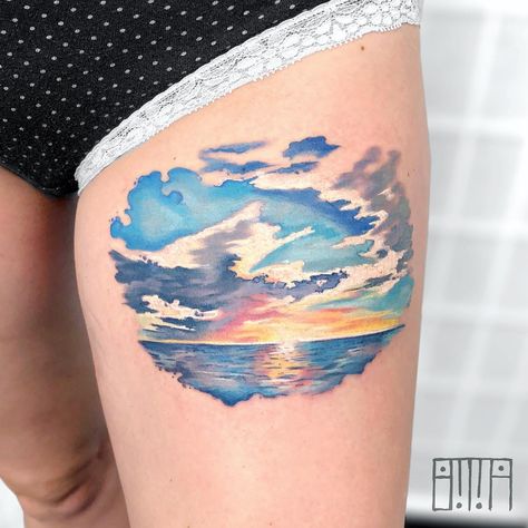 Image may contain: one or more people The Ocean Tattoo, Tattoo Sunset, Niece Tattoo, Watercolour Tattoo Men, Sunset Tattoo, Watercolour Tattoos, Canvas Tattoo, Sunset Over The Ocean, Ocean Tattoo