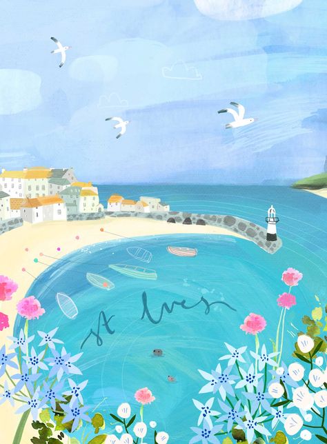 Print-WF894P - St Ives Med Print-Whistlefish St Ives Painting, Harbour Illustration, Sailing Drawing, Cornwall Art, Summer Artwork, Daily Illustration, Ocean Illustration, Room Fragrance, Seaside Art