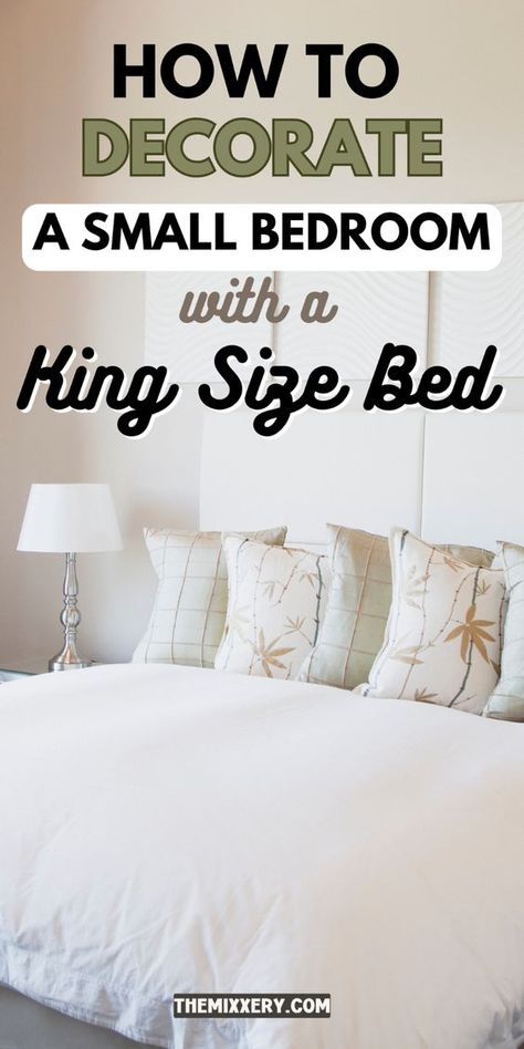 MUST READ! Are you trying to figure out How to Decorate a Small Bedroom with a king size Bed? While not an easy task, it’s definitely doable. Decorating a small bedroom can be quite the challenge, especially when you want to fit a king-size bed. You might think it’s impossible, but with a little creativity and strategic planning, you can achieve the perfect balance in your cozy space without it feeling too cramped or overcrowded. READ NOW TO LEARN HOW TO ARRANGE A SMALL BEDROOM WITH KING BED! Small Room With King Bed Ideas, Bed Too Big For Bedroom, Small Space King Size Bed, King Size Bed Ideas Decor, Bedroom Decor Small Room Big Bed, Small Bedrooms With King Size Beds, Headboard For Small Bedroom, King Sized Bed Small Room, Small Master King Bed Bedroom Ideas