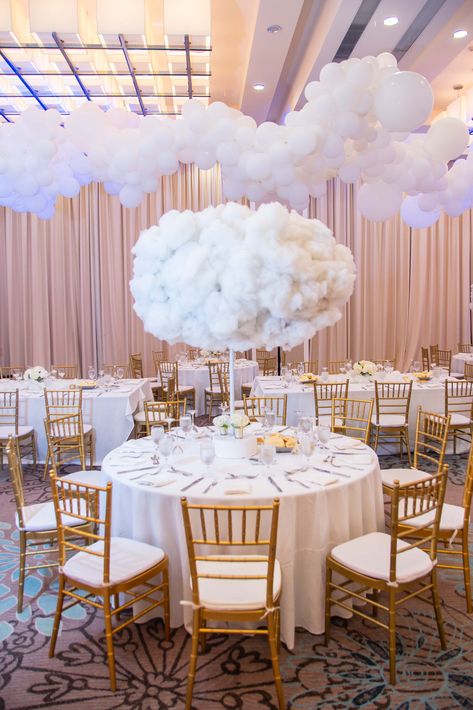 Dream Big Theme Party Ideas, Heaven Theme Birthday Party, Cloud Theme Sweet 16, Ceiling Clouds Diy, Cloud Theme Table Decor, Bridal Shower Cloud Nine, Heaven On Earth Theme Party, Balloon Cloud Centerpiece, Cloud 9 Sweet 16