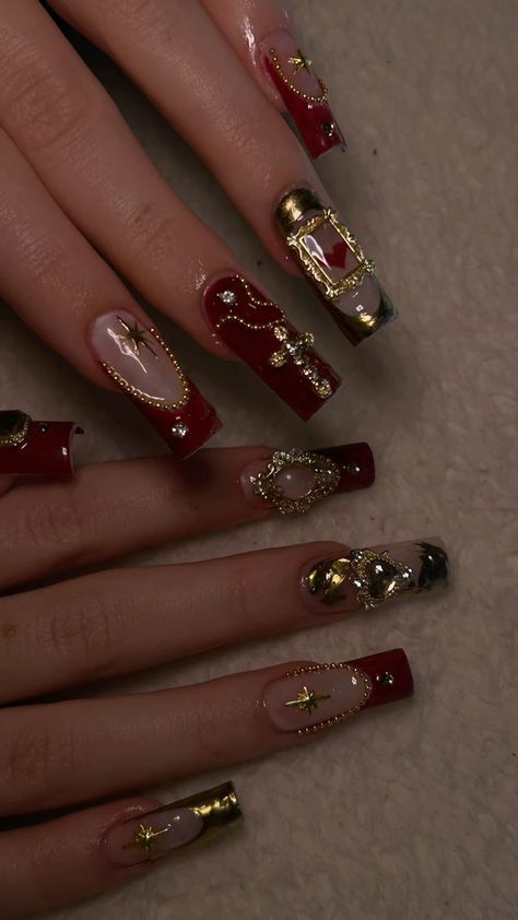 Dark Red Nails Aesthetic Design, Unique Burgundy Nails, Red Nails 3d Art Designs, Red Wine And Gold Nails, Red Royal Nails, Nail Art October, October Birthday Nails Acrylic, Nails That Match Black Dress, Dark Red Nails With Gold Design