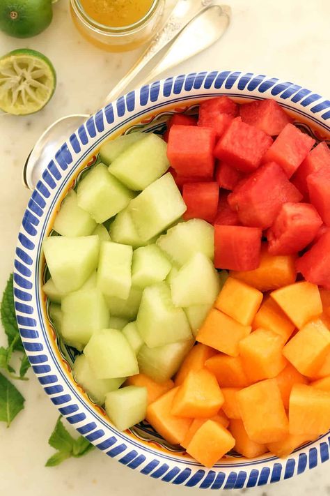 This refreshing Summer Melon Salad recipe is made with juicy ripe honeydew melon, watermelon and cantaloupe tossed in a delicious lime dressing and tossed with fresh mint. Recipe With Watermelon, Cantaloupe Benefits, Melon Salad, Honey Lime Dressing, Watermelon Benefits, Fruit Salad Recipe, Harvest Kitchen, Summer Salads With Fruit, Feta Recipes