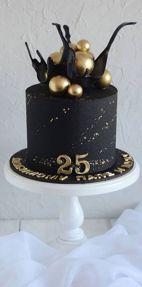 10. Textured black birthday cake When it comes to celebrate 25th birthday, you would want to celebrate in style and keeps the memory for... 25th Bday Cakes For Him, Textured Cake Ideas, 30th Birthday Cake Black And Gold, 25th Cake Birthday, 25th Birthday Ideas For Her Cake, 25 Cake Ideas, All Black Cake Birthday, Black And Gold Theme Cake, 25 Th Birthday Cake