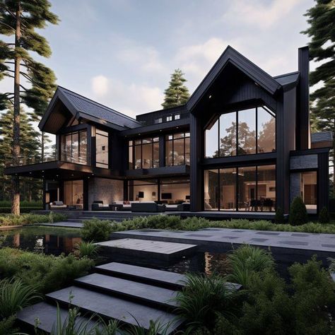 Fachada Exterior, Modern Black House, Contemporary Mansion, Falling Water House, Coast House, Black Houses, Scandinavian Architecture, Falling Water, Container Houses