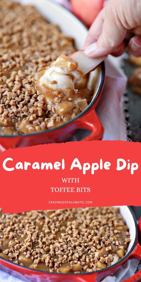 Collage image featuring two photos of caramel apple dip with toffee bits on top it served in an oval red baking dish. Homemade Caramel Apple, Easy Caramel Sauce, Night Dessert, Caramel Apples Homemade, Caramel Apple Dip, Easy Caramel, Pink Lady Apples, Holiday Baking Recipes, Apple Dip