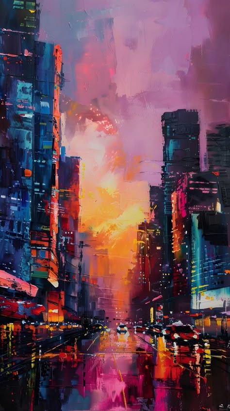 Abstract Art Cityscape, New York Oil Painting, Cyberpunk Painting Acrylic, Arcade Painting, Unique Art Ideas Creativity, City Sunset Painting, New York City Painting, Abstract Cityscape Painting, Severed Hand