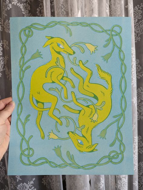 Hounds Stencil Illustration, Fish Prints Art, Cat Art Prints, Two Color Illustration, Animal Art Inspiration, Riso Print Illustration, Art Nouveau Animals, Riso Art, Fish Illustrations