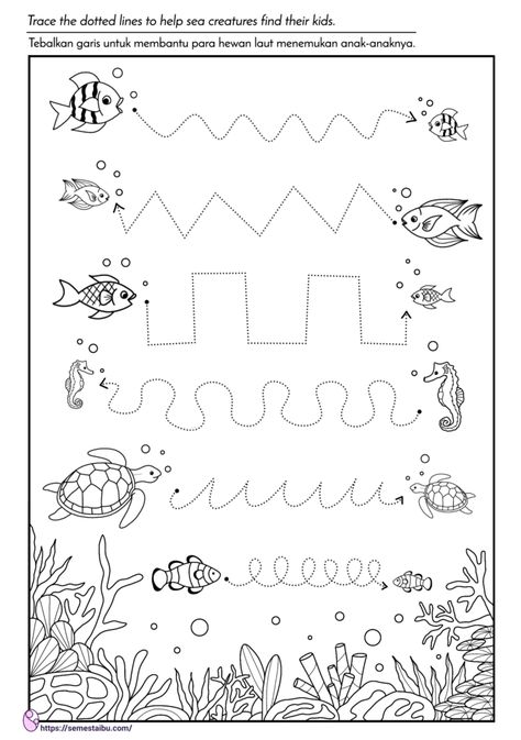 Lembar Kerja Anak - TK - Menebalkan Garis (Line Tracing) - Free Download Sea Animals Preschool, Diy Busy Books, Line Tracing, Preschool Activities Printable, Animal Worksheets, Pre Writing Activities, Kids Worksheets Preschool, Tracing Worksheets Preschool, Kindergarten Learning Activities