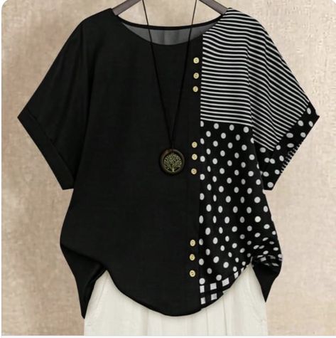 Patchwork Shirts Women, Polka Dot Tops, Batwing Sleeve Shirt, Plus Size Summer Casual, Sewing Blouses, Striped Tops Women, Kaftan Designs, Creative Clothes, Sewing Clothes Women