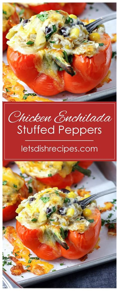 Chicken Enchilada Stuffed Peppers Recipe -- Sweet bell peppers are stuffed with a cheesy chicken filling in this hearty, satisfying Tex-Mex dinner, that’s a delicious twist on traditional enchiladas. Philly Chicken Stuffed Peppers, Chicken Stuffed Bell Pepper Recipes, Chicken Stuffed Anaheim Peppers, Stuffed Pepper With Chicken, Chicken Stuffed Avocado Recipes, Chicken Sweet Peppers Recipes, Chicken Enchilada Stuffed Peppers, Stuffed Bell Peppers Buffalo Chicken, Chicken Parmesan Stuffed Peppers