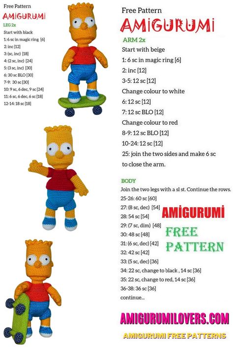 Bart Simpson Amigurumi Free Pattern - Amigurumilovers.com Simpson Cartoon, Doll Free Crochet Pattern, Crochet Pattern Instructions, Crochet Animal Amigurumi, Crochet Xmas, The Simpson, Crochet Pattern Amigurumi, Your Crochet, Homer Simpson