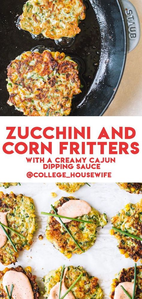 These Zucchini and Corn Fritters are colorful, crispy, crunchy and ultra-fresh thanks to summer zucchini squash and fresh sweet corn that get topped with a seriously addicting dipping sauce. It's an easy and healthy fritter recipe that celebrates the gorgeous produce of the warm weather season to serve as an appetizer, side or snack with friends. #zucchinicornfritters #summerecipes #appetizer Zucchini And Corn Fritters, Zucchini Corn Fritters, Summer Zucchini, Healthy Vegetarian Dinner, Hot Appetizers, Zucchini Squash, Corn Fritters, Food Appetizers, Cold Appetizers