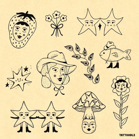 Seattle Tattoo Artist, Whimsical Flash Tattoo, Tiny American Traditional Tattoos, Neo Traditional Flash Sheet, Laufey Tattoo, Finnish Tattoo Ideas, Star Flash Tattoo, Pasta Tattoo Ideas, Simple Tattoo Flash Sheet