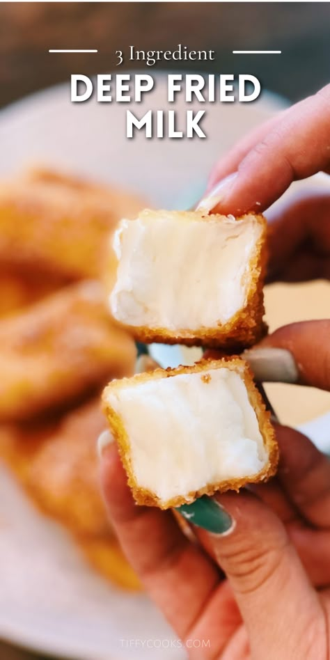 Deep Fried Bread Pudding, Unique Deep Fried Foods, Deep Fried Milk Recipe, Easy Fried Dessert Recipes, Deep Fry Recipes, Authentic Chinese Desserts, Deep Fried Treats, Deep Fried Milk, Fried Milk Recipe