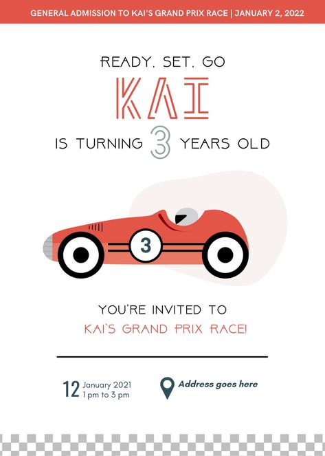 Invitation for 3rd birthday vintage racecar Vintage Race Car Invitation, Blue And White Party, Vintage Race Car Birthday, Vintage Race Car Party, Army Birthday Parties, White Party Theme, Army Birthday, Wish Birthday