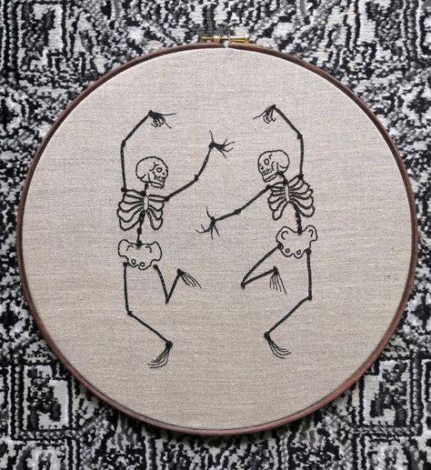 Dancing Skeleton Cross Stitch, Embroider Skeletons, Embroidery Skeleton Hand, Dancing Skeleton Embroidery, Skeleton Embroidery Pattern Free, Edgy Embroidery Designs, Skeleton Embroidery Pattern, Dancing Skeleton Tattoo, Dancing Embroidery