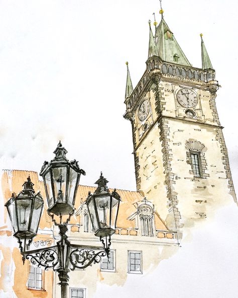 Prague. Czech Republic. Watercolor. Pen. Graphic. Sketch design. Old town Old Town Drawing, Prague Sketch, Prague Watercolor, Prague Outfit, Prague Cafe, Prague Souvenirs, Prague Painting, Prague Shopping, Prague Nightlife