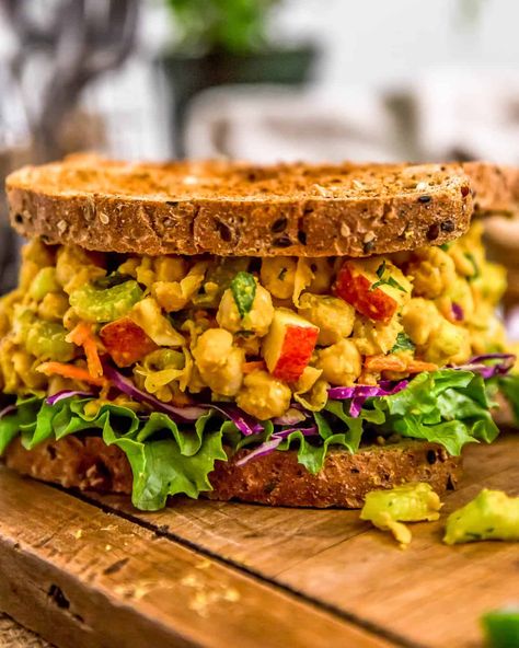 This sweet and savory Vegan Curried Chickpea Salad is a beautiful combo of creamy and crunchy with a pow of delicious curry flavors! A fantastic quick meal. #vegan #oilfree #glutenfree #plantbased | monkeyandmekitchenadventures.com Curried Chickpea Salad, Monkey And Me Kitchen Adventures, Monkey And Me, Egg Salad Sandwich, Vegan Curry, Vegetarian Lunch, Healthy Lunches, Savory Vegan, Vegan Sandwich