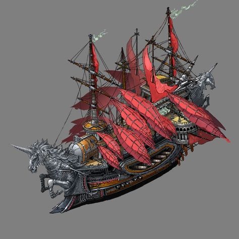 17, 待里 Z on ArtStation at https://www.artstation.com/artwork/5KkRP Steampunk Ship, Airship Art, Pirate Ship Art, Sea Pirates, Flying Ship, 3d Karakter, Steampunk Airship, Creature Fantasy, Navi A Vela