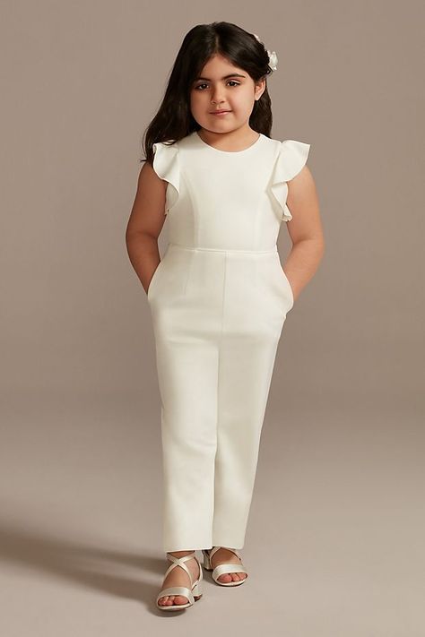 Flutter Sleeve Stretch Crepe Flower Girl Jumpsuit | David's Bridal Flower Girl Outfits, Jumpsuit Style, Wedding Jumpsuit, Wedding With Kids, Stretch Crepe, Jumpsuit Fashion, Davids Bridal, Wedding Party Dresses, Wedding Attire