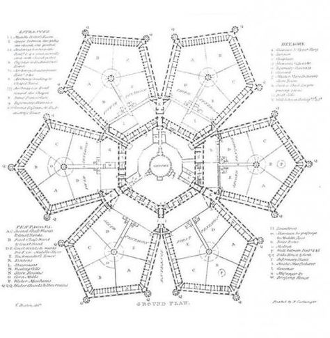 is it bad I want to build a house modeled after an old prison..... Hexagon House, London Tube Map, Bird House Plans, London Tube, Wellcome Collection, Geometric Construction, Tate Britain, Rpg Map, History Timeline