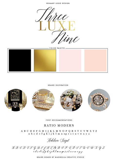 Three Luxe Nine - Black and Gold Logo Branding Board Black White Gold Palette, Pink And Gold Branding, Black And Gold Branding, Lash Marketing, Branding 2023, Gold Logo Branding, Green Branding, Personal Branding Identity, Brand Palette