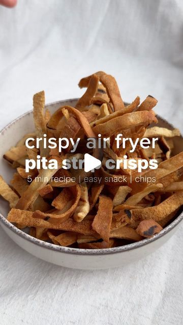 Erin Silberman on Instagram: "Crispy Pita Strip Crisps 

•Follow @seriousfoodfetish for more recipes, restaurant recs & food trends•

I had leftover pita from some takeout last week & since it became a little dry, & whenever I have dry bread I like to make croutons. So I thought, why not try to do the same thing with pita bread? This is perfect for snacking or a greek salad topper. Plus, they are done in 5 min in the air fryer!

Ingredients
•2 pieces of pita bread
•avocado oil spray 
•salt

Recipe
1. Spray air fryer with avocado oil & preheat for 5 min on 400. 
2. If your bread is super dry, microwave it for 20 sec to make it flexible. 
3. Roll pita bread up a tightly & slice into 1/4 inch rounds. 
4. Since there are two sides to pita bread, pull it apart so it’s a long strip & then break Recipes Restaurant, Salad Toppers, Dry Bread, No Salt Recipes, More Recipes, Pita Bread, Greek Salad, Food Trends, Snack Chips