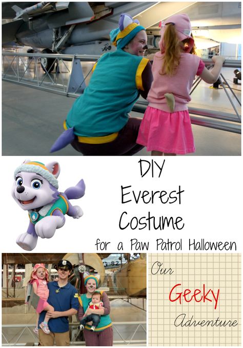 No job is too big, no pup is too small!  Here's a very simple DIY costume for Everest for your Paw Patrol Halloween!  Perfect for a beginner sewing enthusiast, this look can be adapted for an adult, child, toddler, or even infant! Everest Halloween Costume, Diy Liberty Paw Patrol Costume, Diy Everest Paw Patrol Costume, Adult Paw Patrol Costume Diy, Paw Patrol Adult Costume, Paw Patrol Family Halloween Costumes, Diy Skye Paw Patrol Costume Adult, Diy Skye Paw Patrol Costume, Adult Paw Patrol Costume