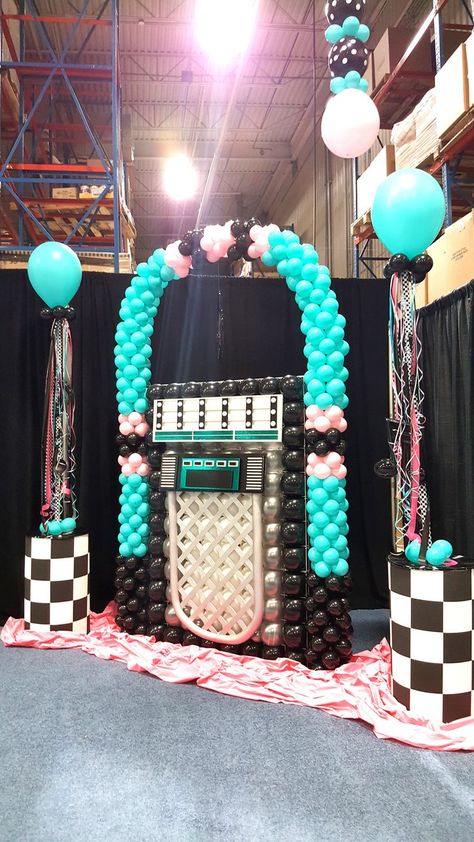 1950s Prom Theme, Jukebox Theme Party, 50s Party Backdrop, Sock Hop Table Decorations, Sock Hop Party Balloons, 50s Dance Party Decor, Sock Hop Photo Booth, Sock Hop Party Ideas, Decade Dance