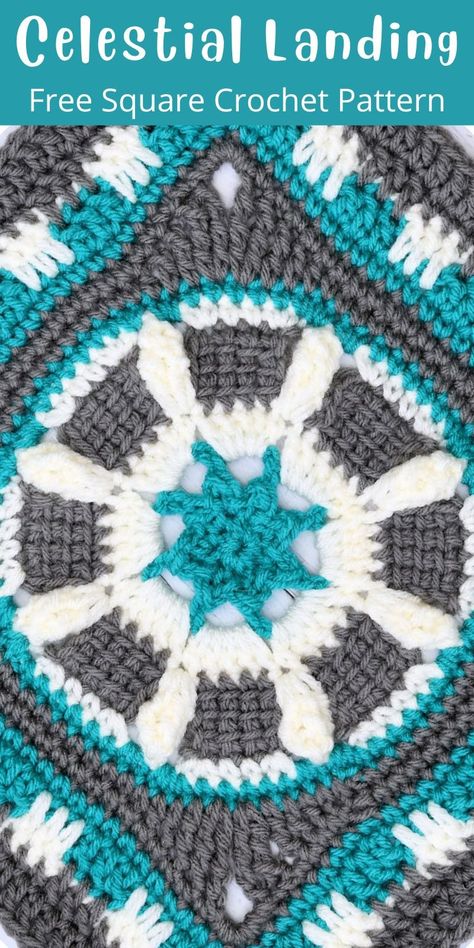 The Celestial Landing Afghan Square free crochet pattern is a 12" block that can be used for blankets, pillows, home decor and is only limited by your imagination. Free Crochet Square, Square Crochet Pattern, Tunisian Crochet Patterns, Crochet Blocks, Crochet Afghans, Crochet Square Patterns, Square Crochet, Pattern Library, Granny Square Crochet Pattern