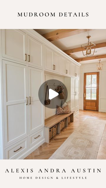 Alexis Austin on Instagram: "Sharing the details to our mudroom — comment “details” to shop this space 🤍  Wall color and cabinet color: Benjamin Moore White Dove  What color is your exterior door: They are mahogany with just a poly coat over the top to protect them.  Wainscoting details: In the mudroom they are 43 inches wide center to center. The width and height actually varies based on the space and how big each would need to be to split up evenly.   Where are the pulls from: These are the same pulls that are used all throughout the home for consistency.  Where is this space located: You enter the mudroom through the garage and the powder room/dog bath is in the same location. The dog bath is to the right of the exterior door." Benjamin Moore White, Mudroom Design, White Dove, Beautiful Rooms, Dog Bath, White Doves, Cabinet Colors, July 25, Wainscoting