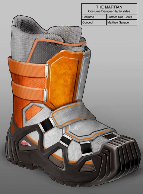 Yates also designed the boots for comfort. "The actors have to be able to use a hammer or whatever they need to do on the surface of Mars, and stand for 12 hours without feeling overwhelmed with the weight," she said. Suit Concept Art, Mark Watney, Mars Surface, Science Fiction Art Retro, Space Movies, Robot Technology, Sci-fi Armor, Boot Design, Space Games