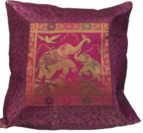 Indian-patchwork-mandala-sari-ethnic-silk-Banarsi-cushion-covers-elephant-17-034 Indian Cushions, Indian Pillows, Elephant Pillow, Silk Throw Pillows, Rose Pillow, Silk Cushions Covers, Embroidered Table Runner, Elephant Decor, Silk Cushions