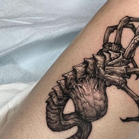 Alien Face Hugger Tattoo, Hr Giger Tattoo Designs, Facehugger Tattoo, Alien Head Tattoo, Face Hugger Alien, Aliens Tattoo Xenomorph, Alien Facehugger, Alien Face, Skeleton Tattoos