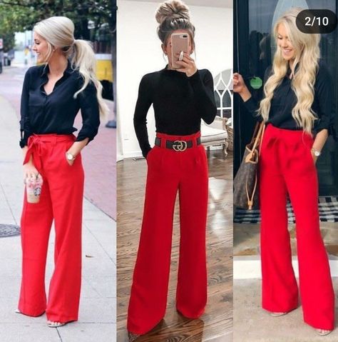 Black Top Red Pants Outfit, Red Pants Wide Leg Outfit, Red Pants Business Outfit, Red Trousers Work Outfit, Red Office Pants Outfit, Red Wide Trousers Outfit, Red Wide Leg Pants Outfit High Waist, Red Bootcut Pants Outfit, How To Style Red Wide Leg Pants