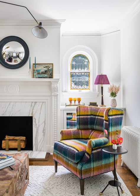 This Chair! Love the classic wing chair updated in a vibrant plaid fabric kellyelko.com Neutral Dining Room, Eclectic Homes, Colonial Interior, Colonial Revival, Wing Chair, Old Home, Eclectic Home, Old Style, Home Tour