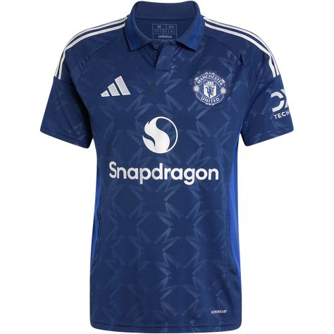 Men's Replica adidas Manchester United Away Jersey 24/25. With a bold design that nods to football culture, the 2024/25 Manchester United jersey looks equally at home on and off the pitch. Silver details pop against an indigo base that also includes a subtle repeating "M" monogram. The light blue graphic on the polo collar pays tribute to the river on which Old Trafford sits. Sewn on badge. Mini Red Devil on the upper back. Aeroready technology wicks sweat. 100% Polyester. Official licensed merc Manchester United Jersey 24/25, Manchester United New Jersey, Man Utd Jersey, Man U Jersey, Man United Jersey, Manchester United Jersey, Madrid Jersey, Man U, Sew On Badges