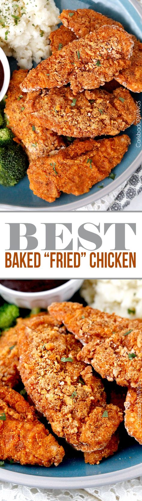 seriously the BEST Baked "fried" chicken! Crispy chicken marinated in spiced… Fried Chicken Crispy, Chicken Crispy, Carlsbad Cravings, Oven Fried Chicken, Baked Fries, Chicken Main Dishes, Fries In The Oven, Chicken Dinners, Marinated Chicken