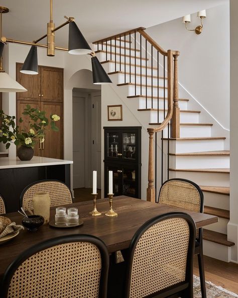 All Posts • Instagram Wood Trim Interior Modern, Small Historic Homes Interior, Wood Bannister, Dining Room Kitchen Combo Layout, Black And White House Interior Decor, British Dining Room, Colonial Chic Interior Design, Dinner Room Ideas, Modern Colonial Decor