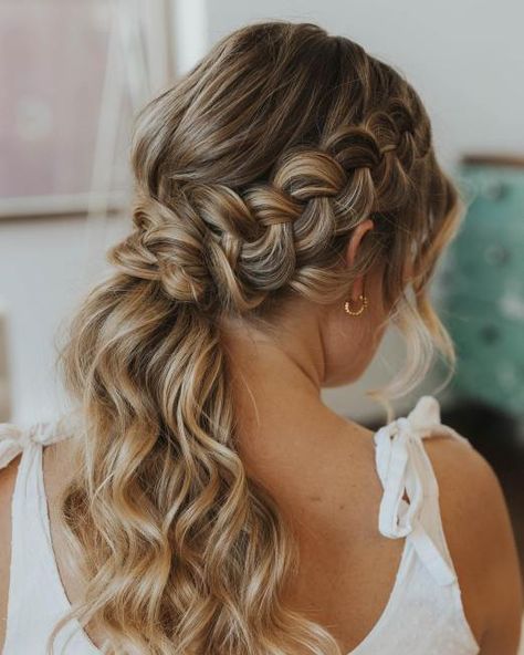 Low Wavy Ponytail with a Crown Braid Bridesmaid Hairstyles Braid Ponytail, Bridal Pony With Braid, Low Pony Bridesmaid Hair, Bridesmaids Hairstyle, Black Bridesmaids Hairstyles, Loose Braid, Low Ponytail Hairstyles, Ponytail Braid, Large Curls