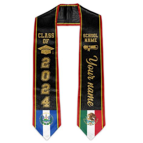 PRICES MAY VARY. Cultural Pride: This custom graduation stole is designed with the traditional colors and patterns of Mexico and El Salvador, perfect for graduates celebrating their cultural heritage. Personalized Touch: Add a personal touch to your graduation attire with this customizable graduation sash, featuring your name, degree, or school crest. Durable and Comfortable: Made from premium, lightweight fabric, this graduation stole is not only a beautiful accessory but also comfortable to we Stoles For Graduation, Graduation Regalia, Custom Graduation Stole, Graduation Attire, Graduation Boards, School Crest, Graduation Sash, Puerto Rico Flag, Graduation Stole