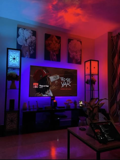 Aesthetic Room With Mirror, Modern Apartment Decor Aesthetic, Blacklight Living Room, Lit Bedroom Ideas, Vibey Interior Design, Living Room Asthetics Luxury, Rgb Living Room Ideas, Indie Studio Apartment, Men’s Gaming Room Ideas