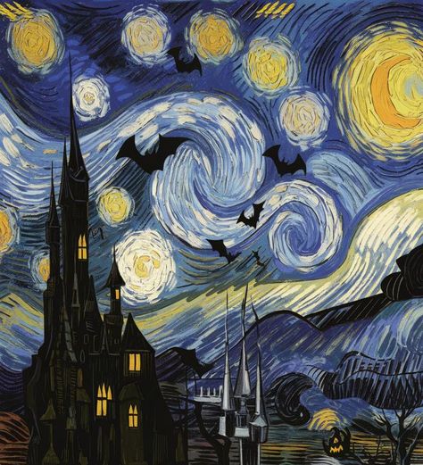 Halloween Night Meets Starry Night - planet animal Pumpkin Inspo, Scary Night, Bat Flying, Halloween Elements, Fusion Art, Moonlit Night, Animal Book, Incredible Creatures, A Skull