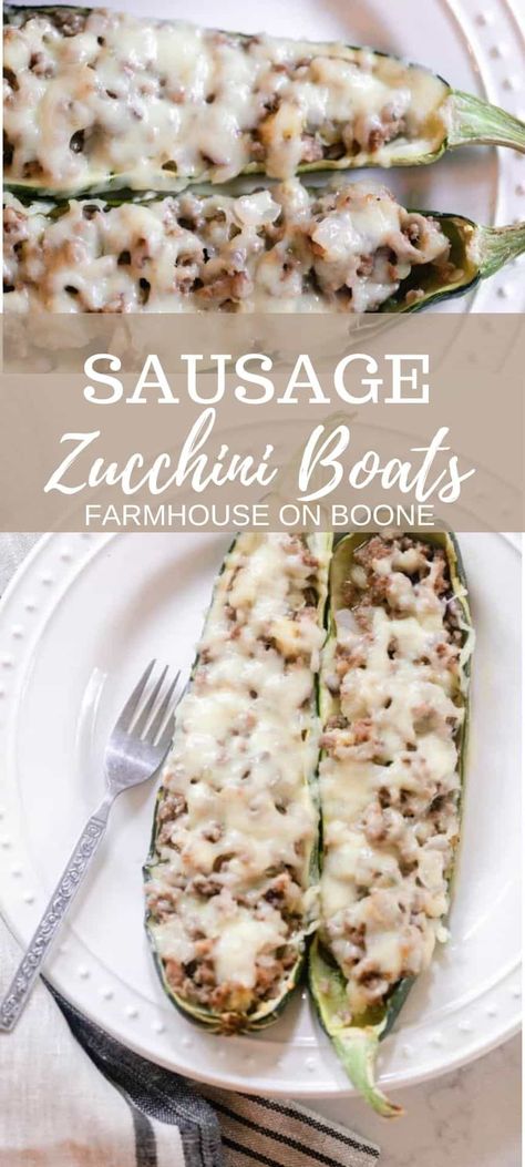 Sausage Zucchini Boats - Farmhouse on Boone Stuffed Zucchini Boats With Sausage, Zucchini Boats Sausage, Sausage Zucchini Boats, Baked Zucchini Boats, Crispy Sausage, Tomato Soup From Scratch, Mushroom Filling, Farmhouse On Boone, Zucchini Boat Recipes