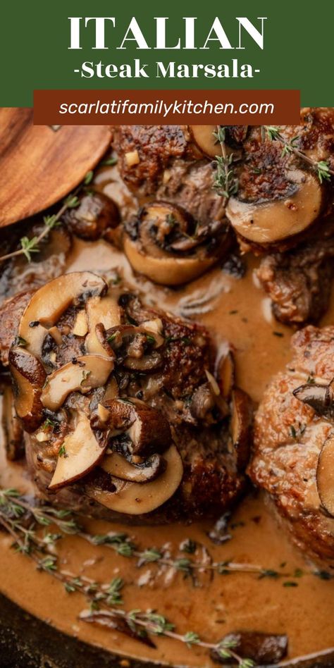 Steak Marsala is a delicious and easy dinner recipe, made start to finish in an hour. Juicy steaks are served in a savory marsala sauce with mushrooms that perfectly completes the dish. Filet Marsala Recipe, Mushroom Marsala Sauce For Steak, Beef Marsala Recipes, Beef With Mushrooms Recipes, Red Meat Recipes Dinners, Steak Dinner Ideas Healthy, Steak And Mushroom Recipes, Italian Sunday Dinner Ideas, Stake Recipe Dinners